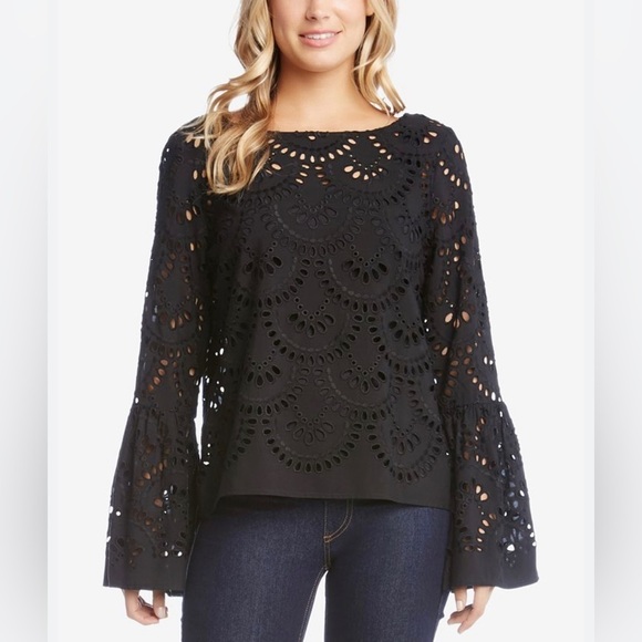 Karen Kane Tops - KAREN KANE Eyelet Bell Sleeve Top Embroidered  Size S Statement Sleeve No Lining